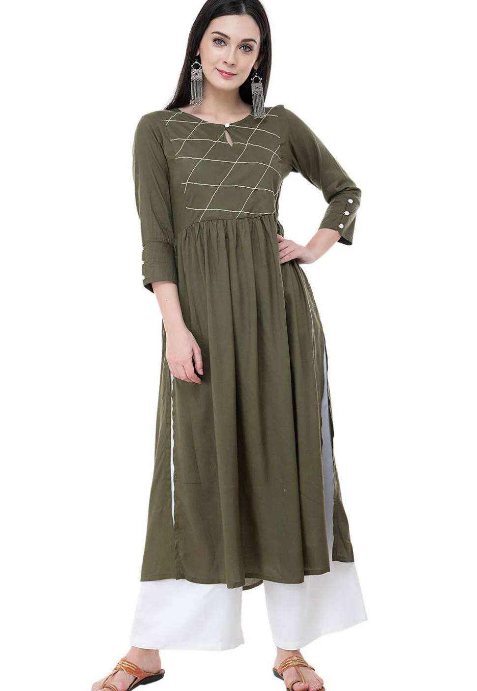 Embroidered Rayon A Line Kurta in Olive Green