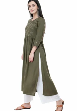 Embroidered Rayon A Line Kurta in Olive Green