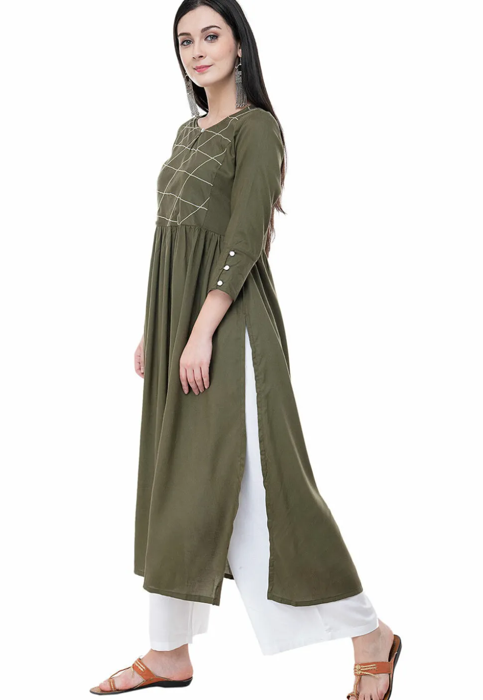 Embroidered Rayon A Line Kurta in Olive Green