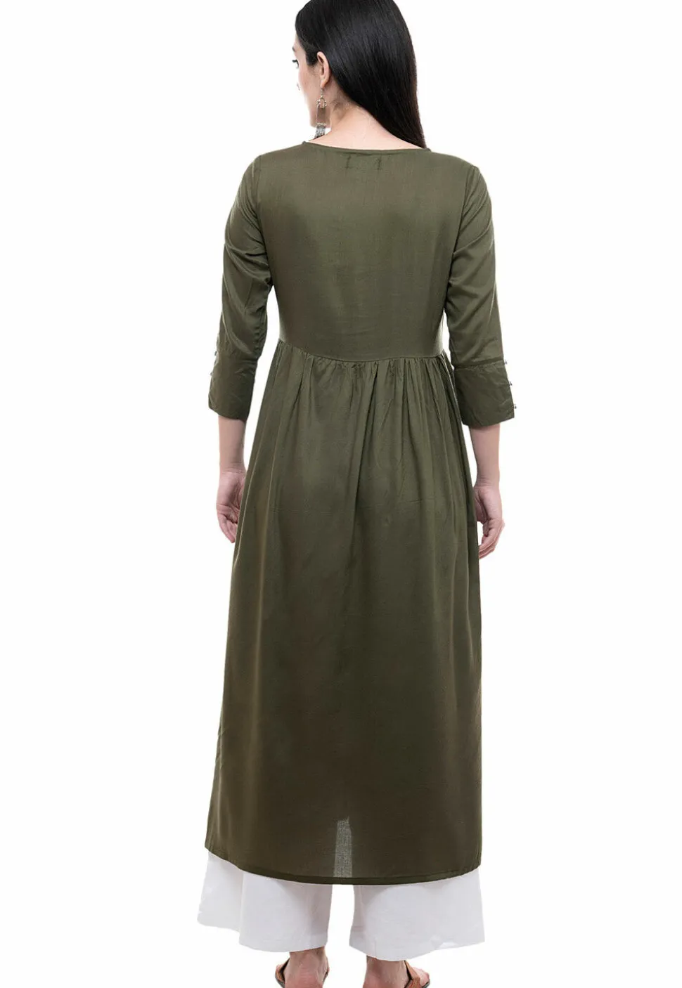 Embroidered Rayon A Line Kurta in Olive Green