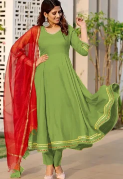 Embroidered Rayon A Line Suit in Green