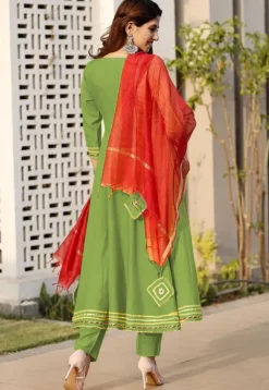 Embroidered Rayon A Line Suit in Green