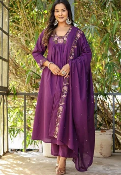 Embroidered Rayon A Line Suit in Purple