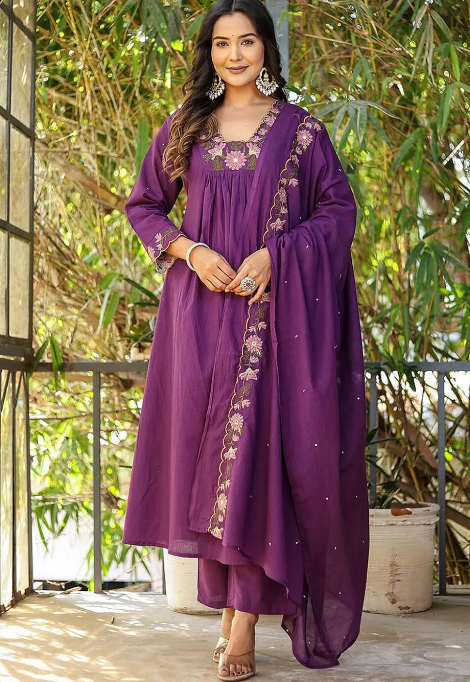 Embroidered Rayon A Line Suit in Purple