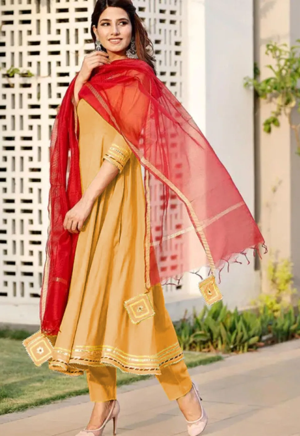 Embroidered Rayon A Line Suit in Beige