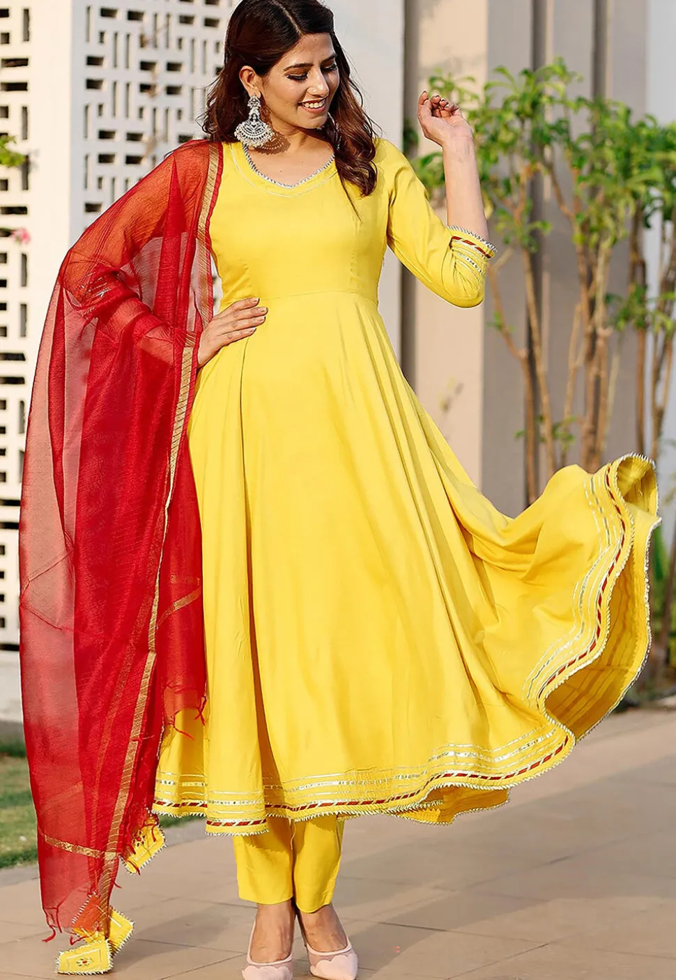 Embroidered Rayon A Line Suit in Yellow