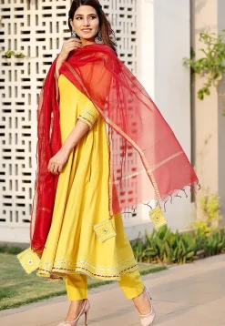 Embroidered Rayon A Line Suit in Yellow