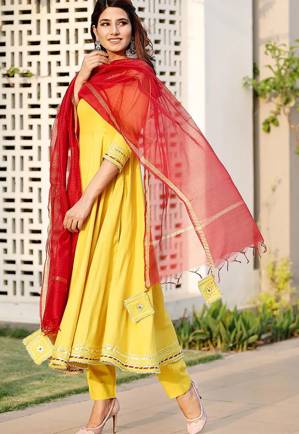 Embroidered Rayon A Line Suit in Yellow