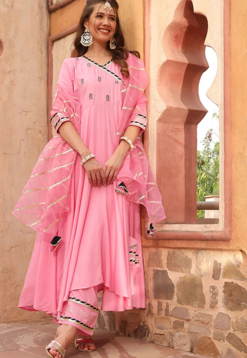 Embroidered Rayon A Line Suit in Pink