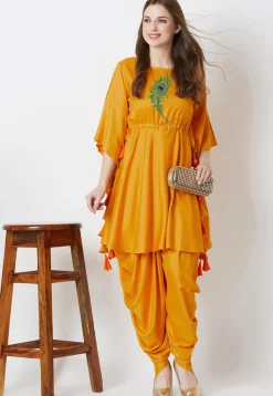Embroidered Rayon A Line Kurta with Dhoti Pant in Mustard