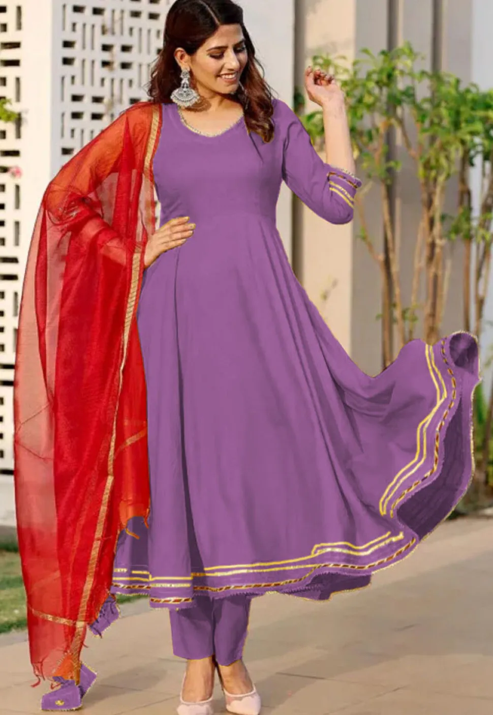 Embroidered Rayon A Line Suit in Purple