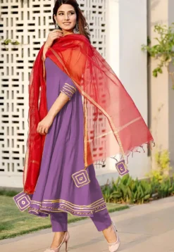 Embroidered Rayon A Line Suit in Purple