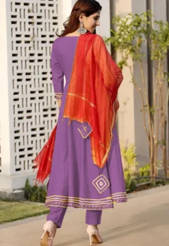 Embroidered Rayon A Line Suit in Purple