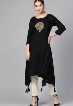 Embroidered Rayon A Line Kurta in Black