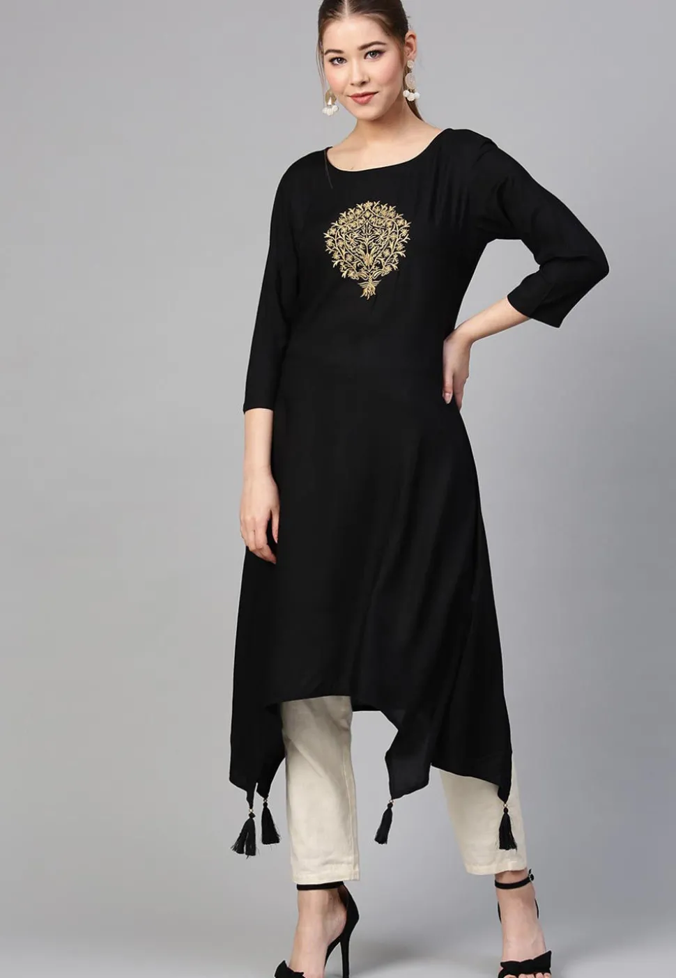 Embroidered Rayon A Line Kurta in Black