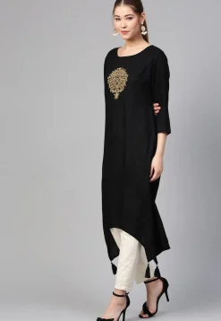 Embroidered Rayon A Line Kurta in Black