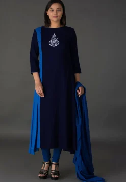Embroidered Rayon A Line Suit in Blue