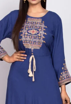 Embroidered Rayon Abaya Style Suit in Dark Blue