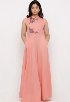 Embroidered Rayon Abaya Style Suit in Old Rose