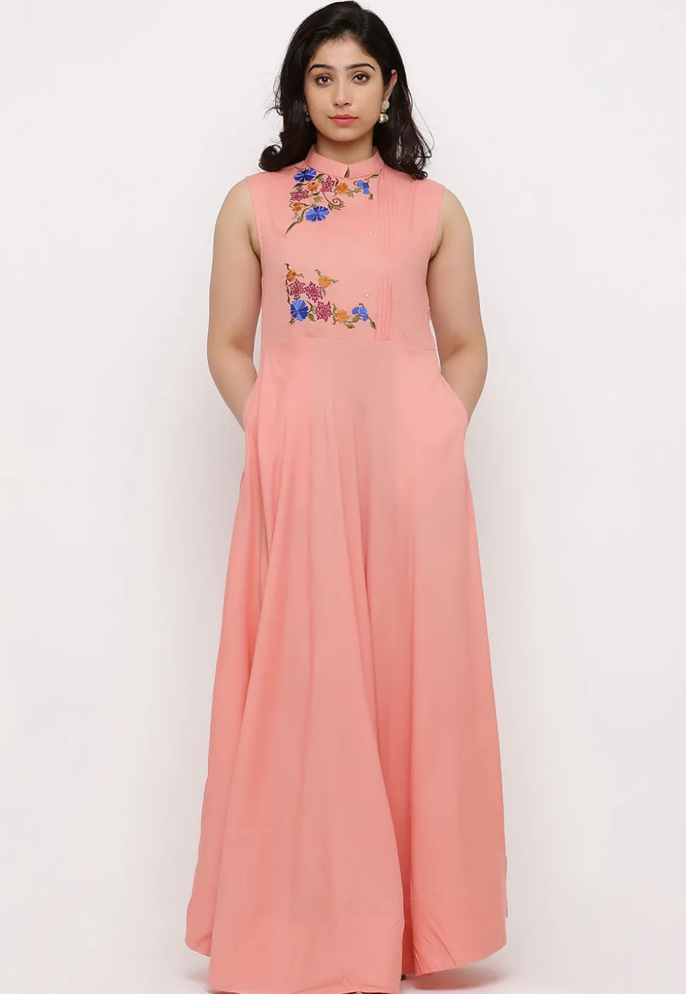 Embroidered Rayon Abaya Style Suit in Old Rose