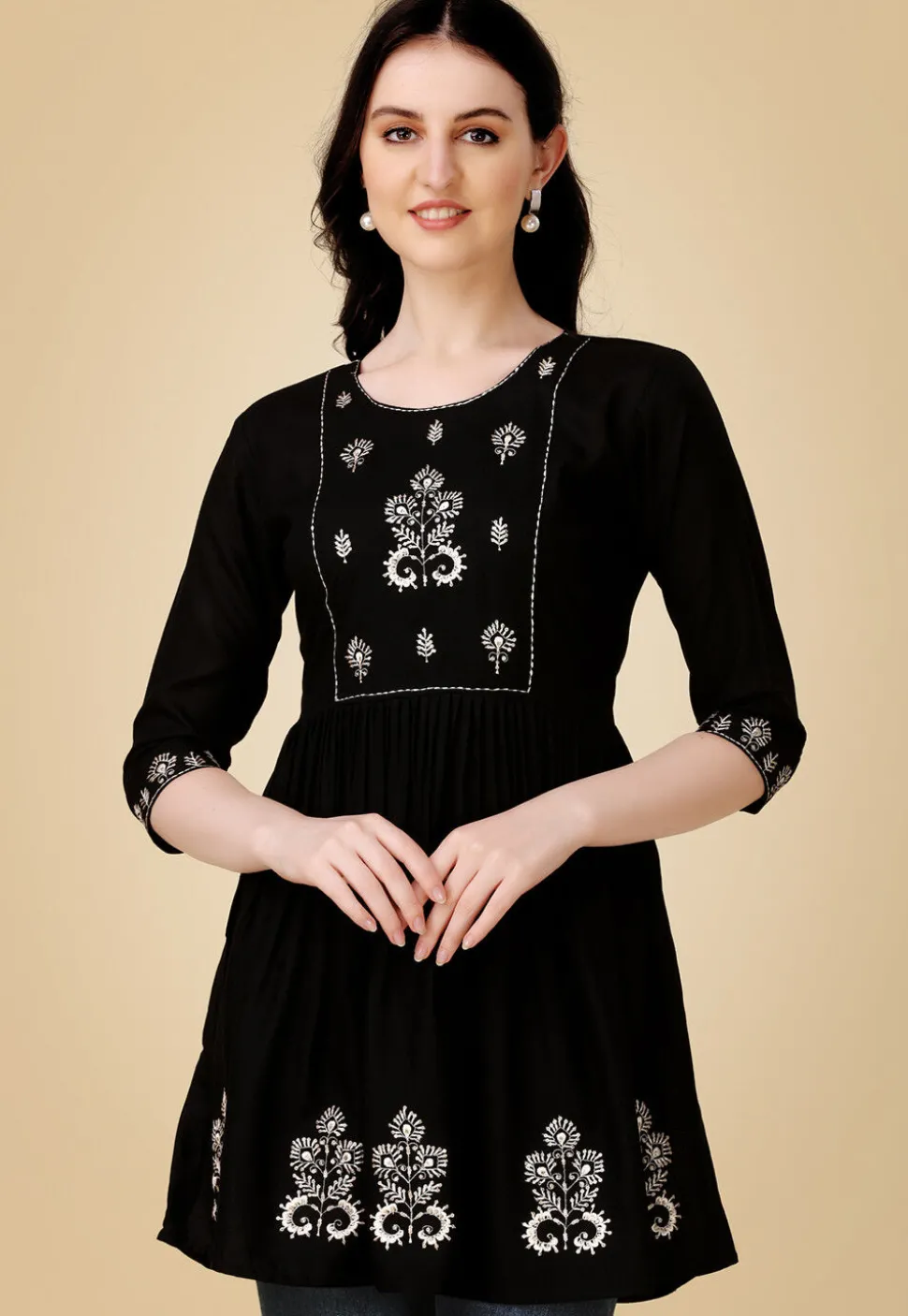 Embroidered Rayon Aline Kurti in Black