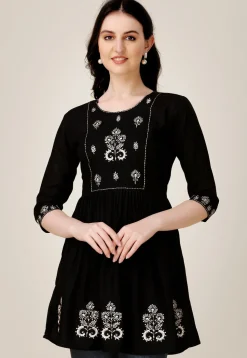 Embroidered Rayon Aline Kurti in Black