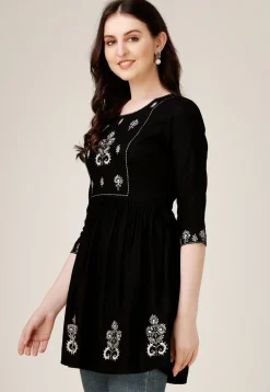 Embroidered Rayon Aline Kurti in Black