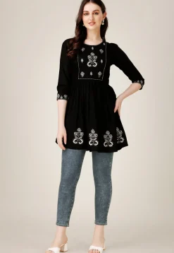 Embroidered Rayon Aline Kurti in Black
