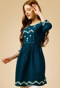 Embroidered Rayon Aline Kurti in Teal Blue