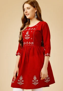 Embroidered Rayon Aline Kurti in Red