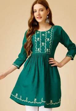 Embroidered Rayon Aline Kurti in Teal Green