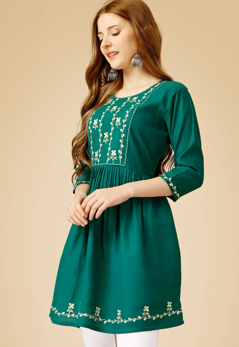 Embroidered Rayon Aline Kurti in Teal Green