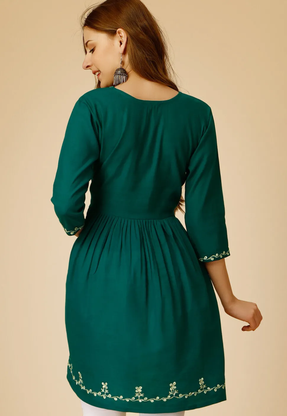 Embroidered Rayon Aline Kurti in Teal Green