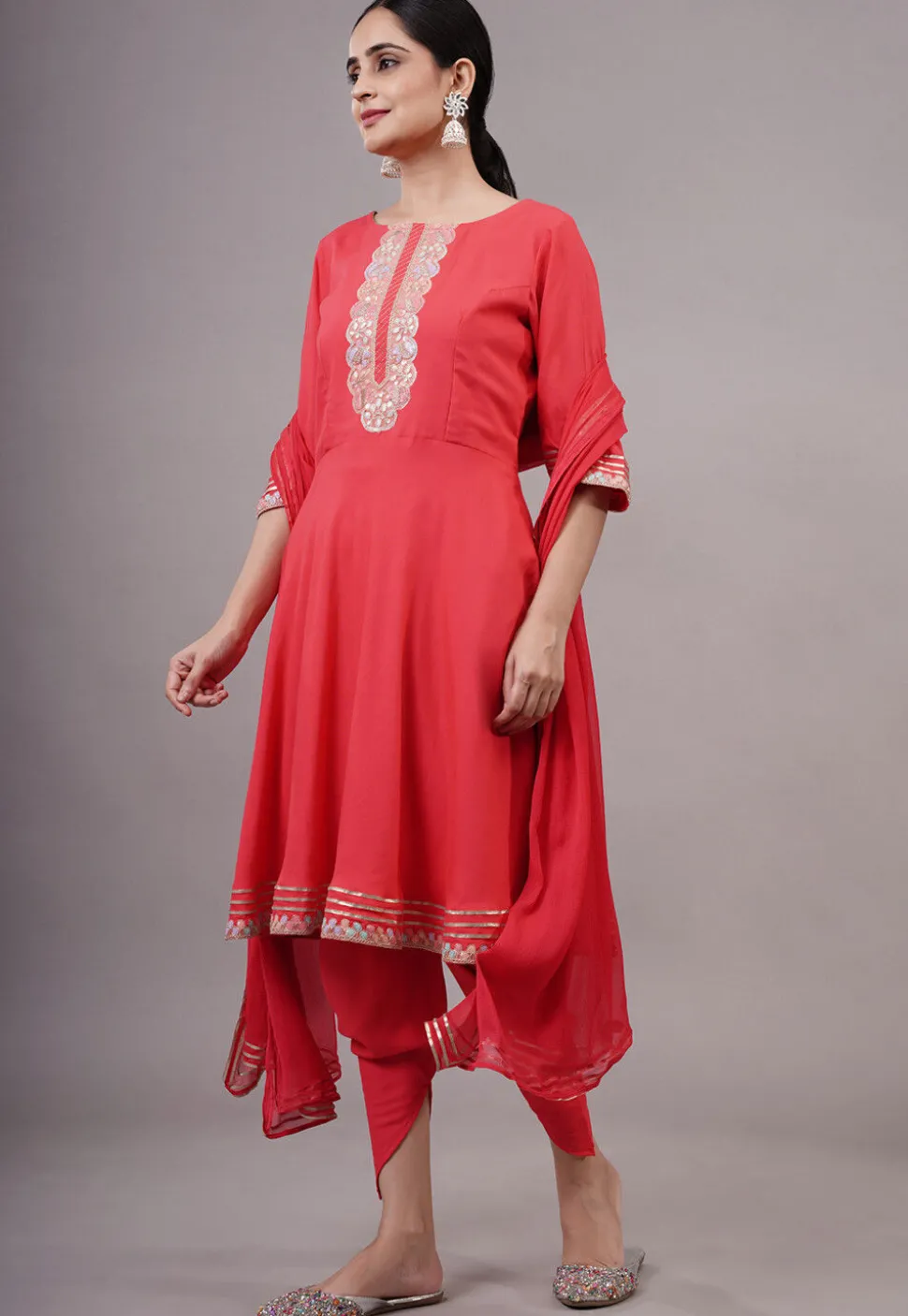 Embroidered Rayon Aline Suit in Coral Red