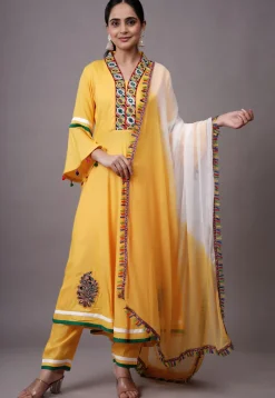 Embroidered Rayon Aline Suit in Yellow