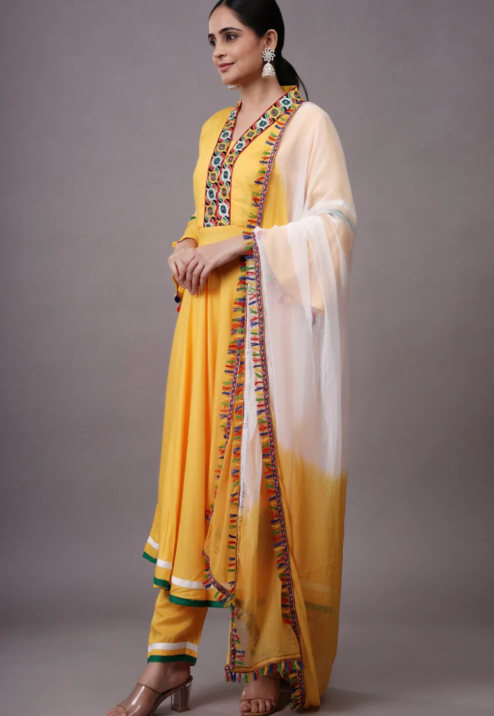 Embroidered Rayon Aline Suit in Yellow