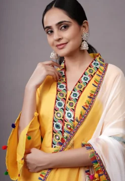 Embroidered Rayon Aline Suit in Yellow
