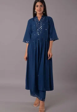 Embroidered Rayon Aline Suit in Teal Blue