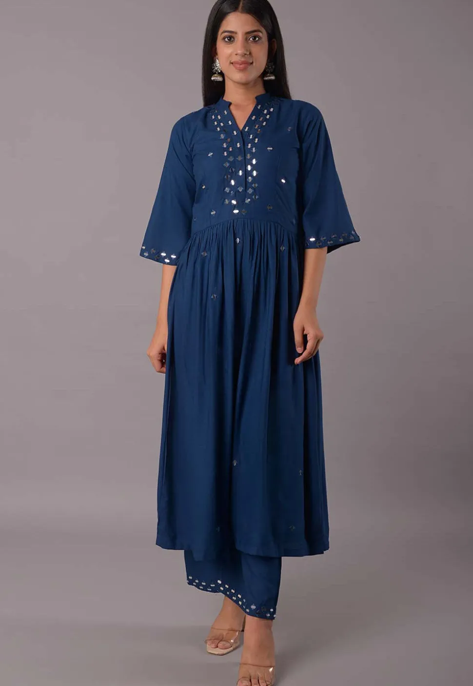 Embroidered Rayon Aline Suit in Teal Blue