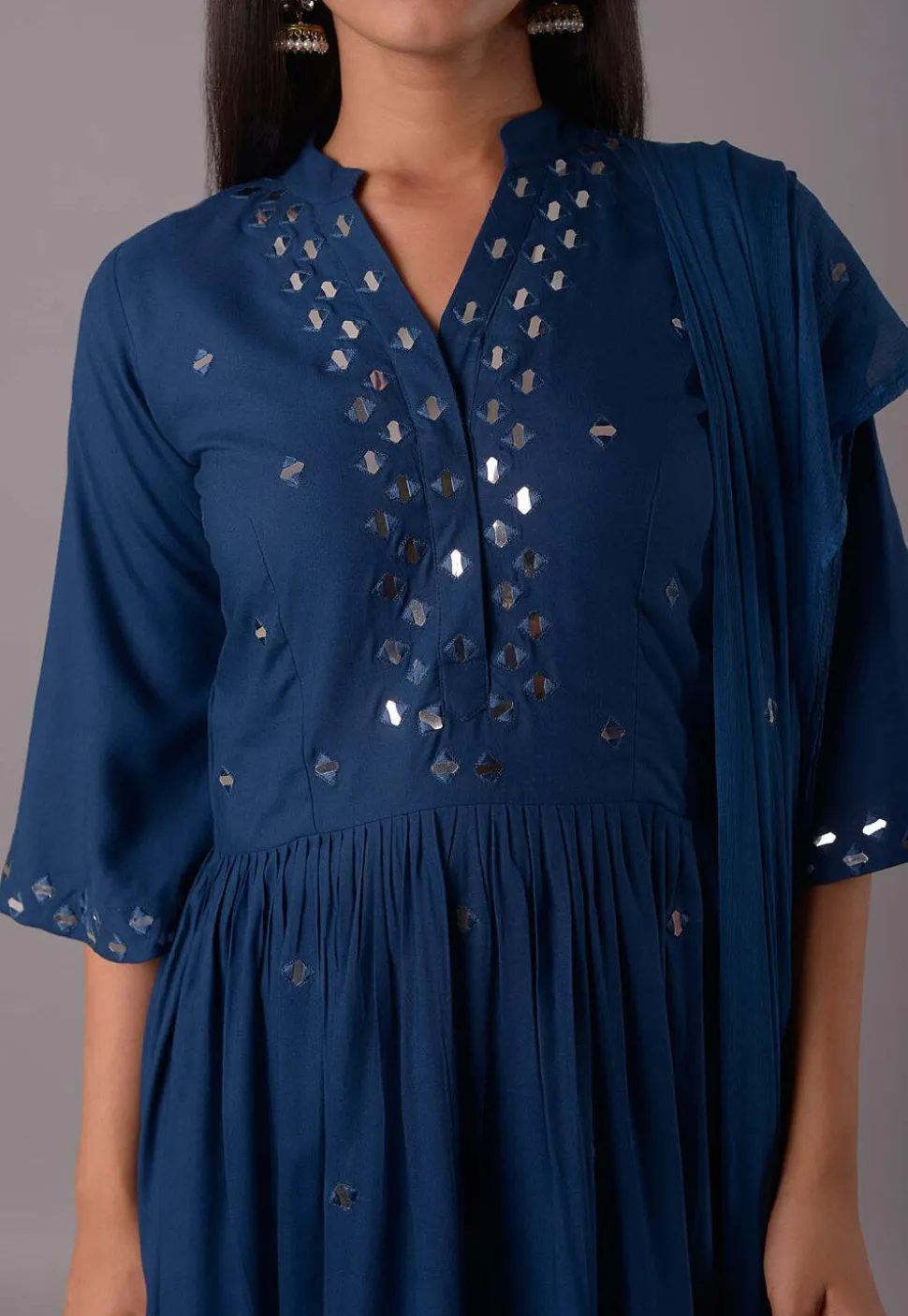Embroidered Rayon Aline Suit in Teal Blue