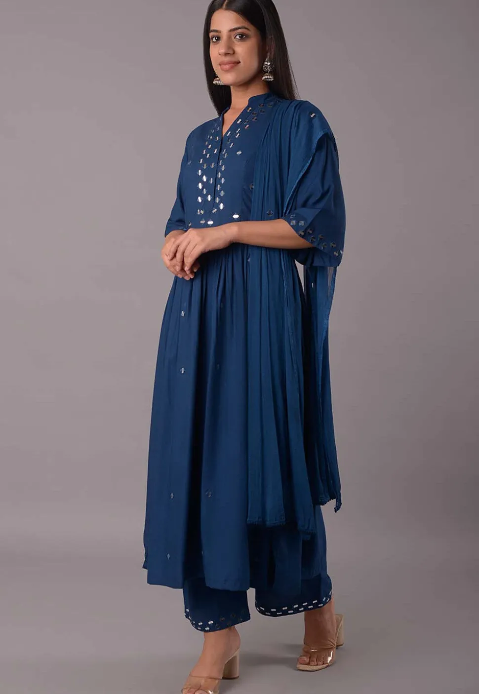 Embroidered Rayon Aline Suit in Teal Blue