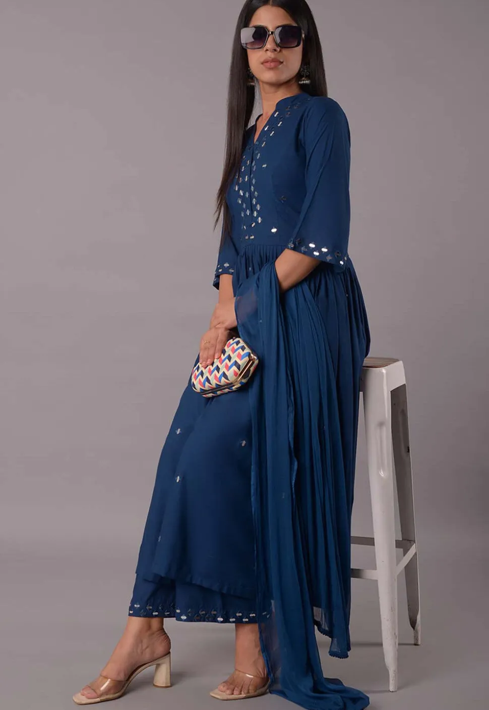 Embroidered Rayon Aline Suit in Teal Blue