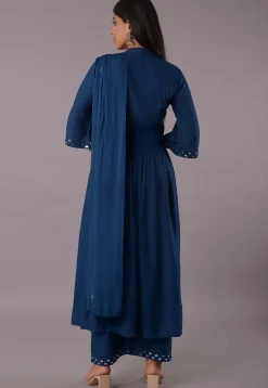 Embroidered Rayon Aline Suit in Teal Blue
