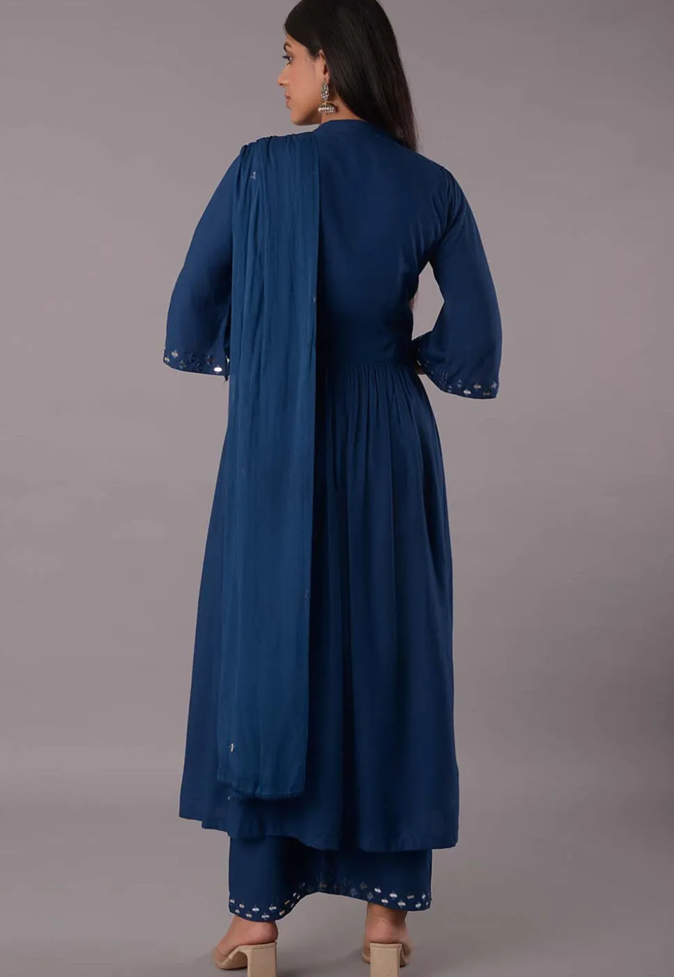 Embroidered Rayon Aline Suit in Teal Blue