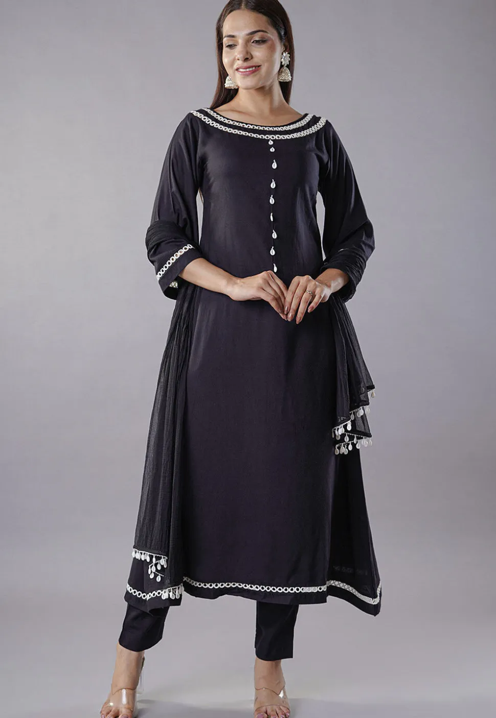 Embroidered Rayon Anarkali Suit in Black