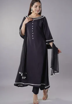 Embroidered Rayon Anarkali Suit in Black