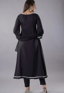 Embroidered Rayon Anarkali Suit in Black
