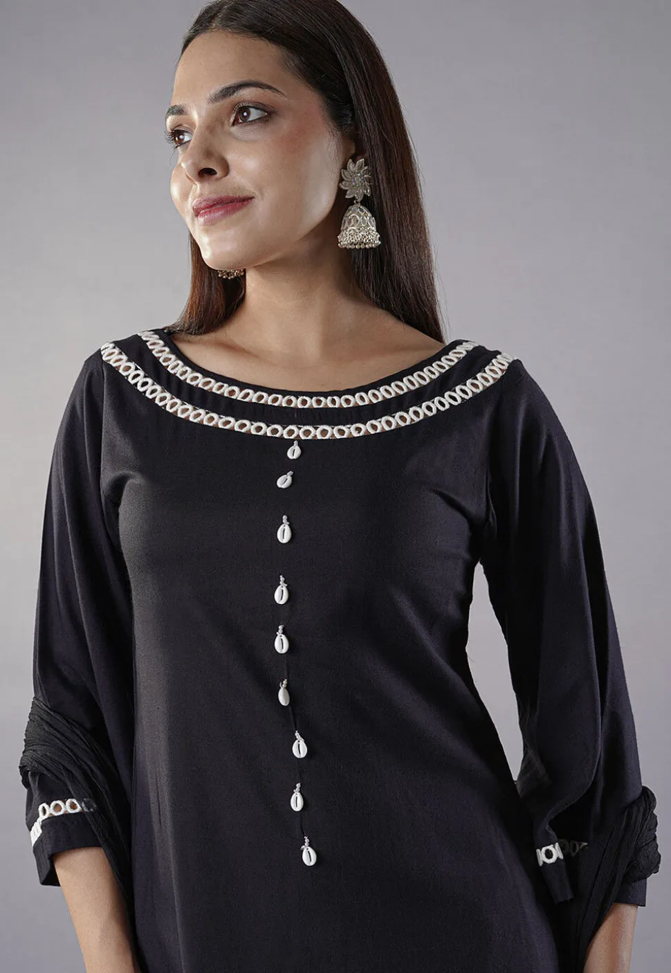 Embroidered Rayon Anarkali Suit in Black