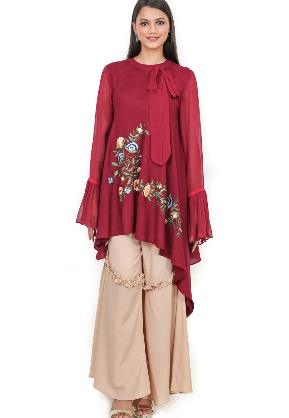 Embroidered Rayon Asymmetric Kurta in Wine