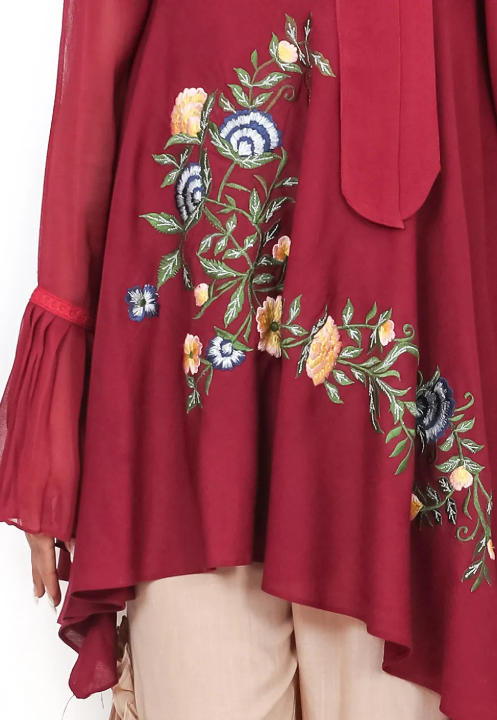 Embroidered Rayon Asymmetric Kurta in Wine